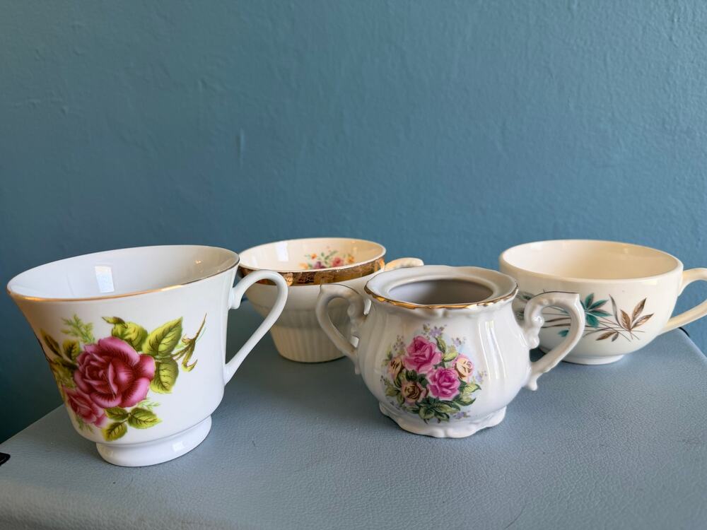 4 Vintage Mismatched Teacup Lot Floral Cups + Sugar Bowl Tea Party Set